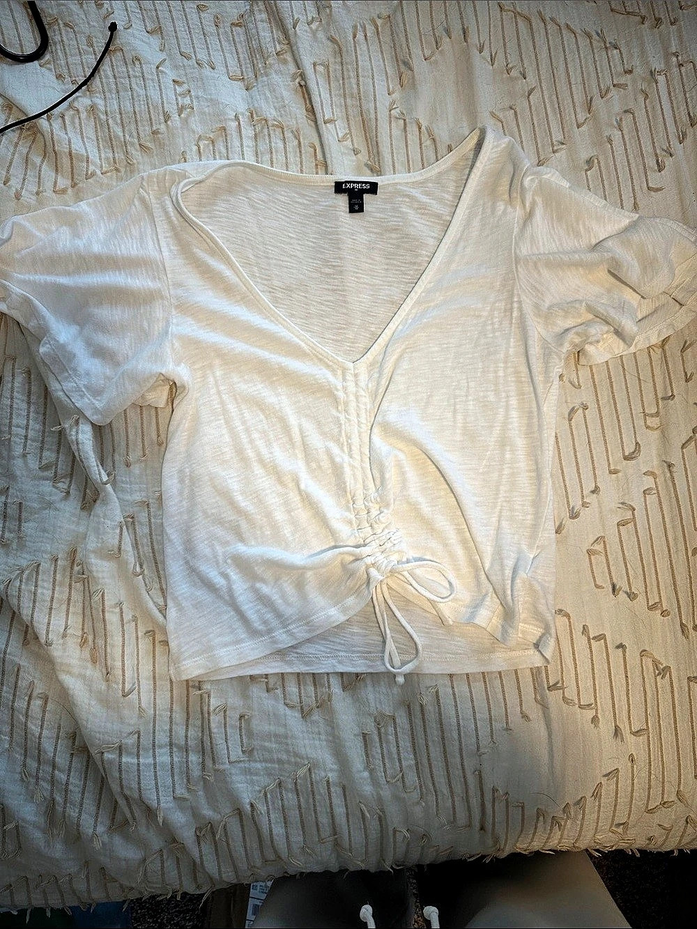Express V-Neck Short Sleeve Ruched Tie Front Tee Ruched Tie Front Tee White